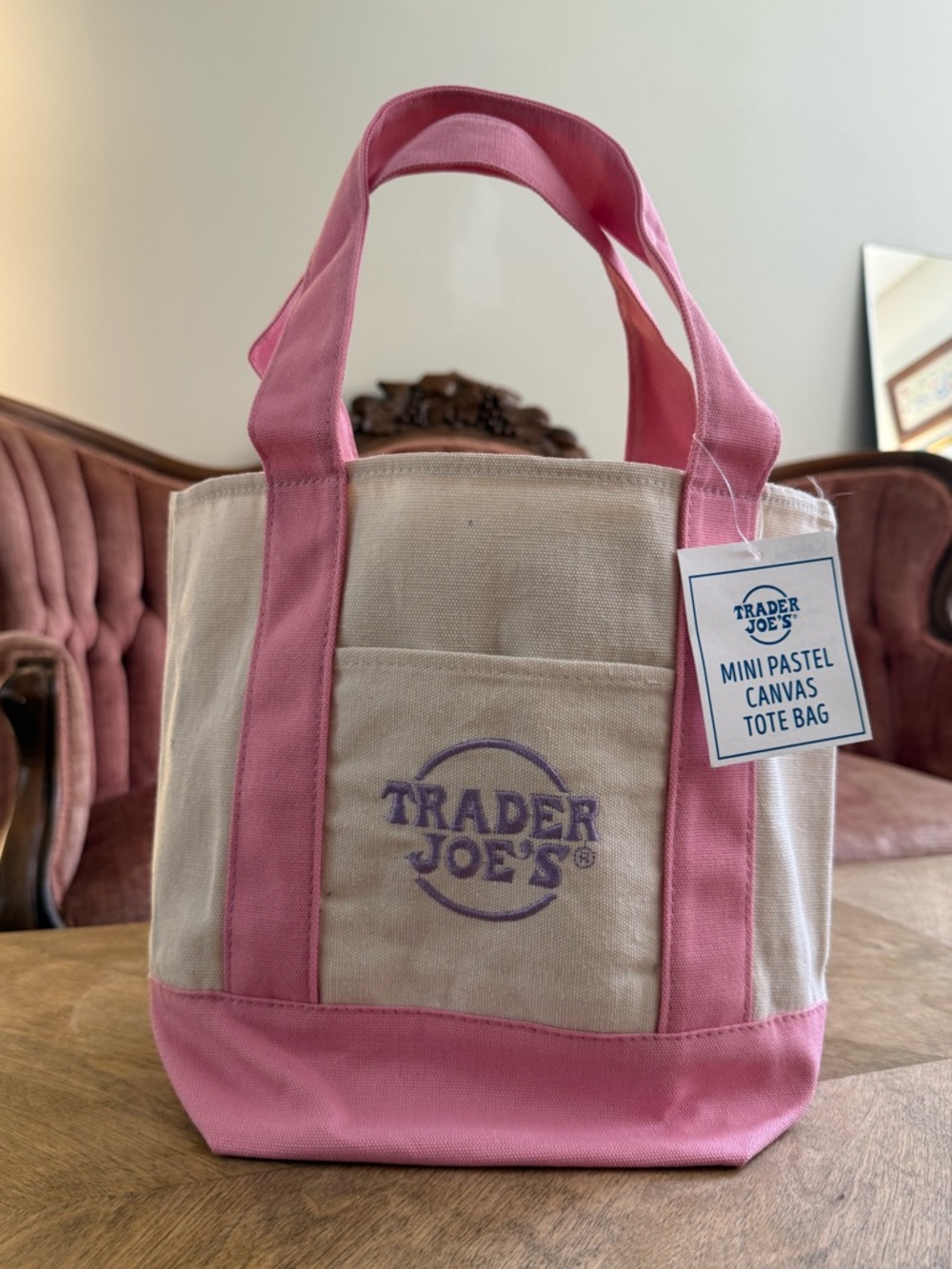 Trader Joe's Cream and Pink Canvas Mini Tote NWT Spring Pastel - Picture 2 of 3